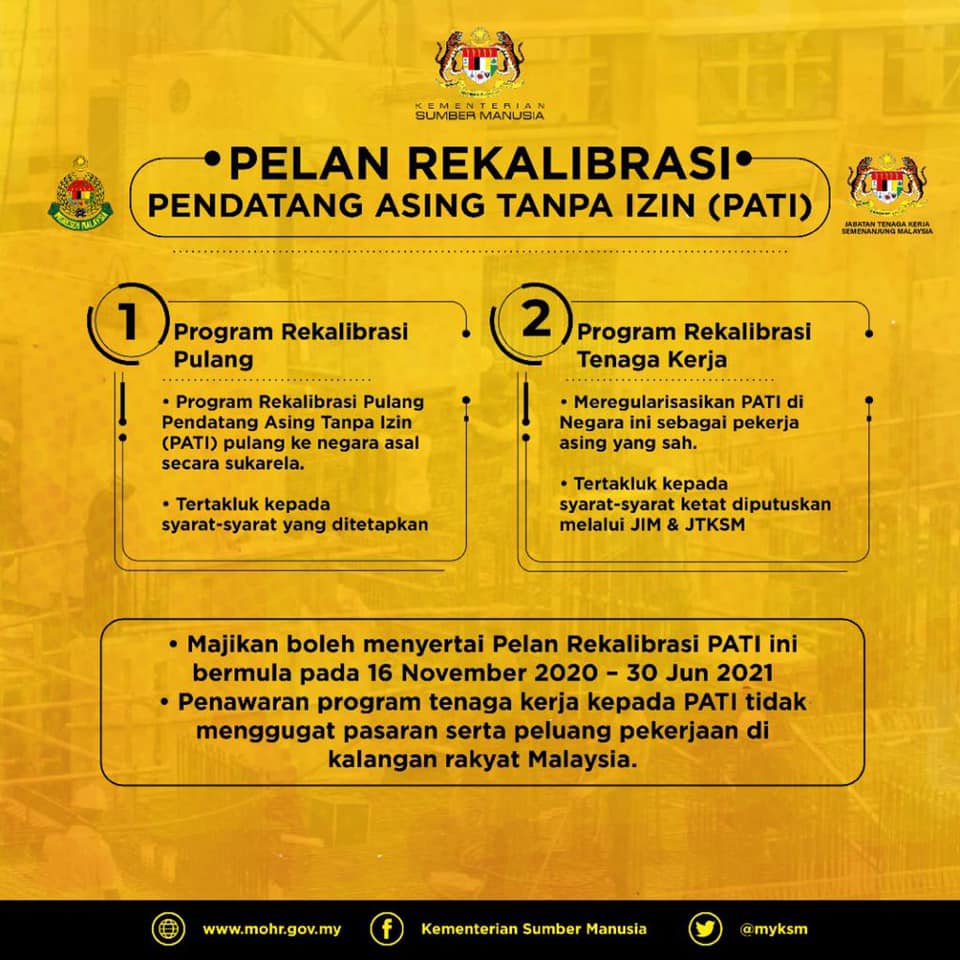 Kerajaan Malaysia melancarkan Pelan Rekalibrasi Pendatang Asing Tanpa Izin (PATI) merangkumi dua komponen utama